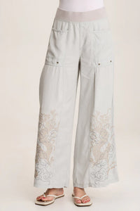 XCVI PHEDORA TWILL EMBROIDERED WIDE LEG PANT - GREY MARBLE