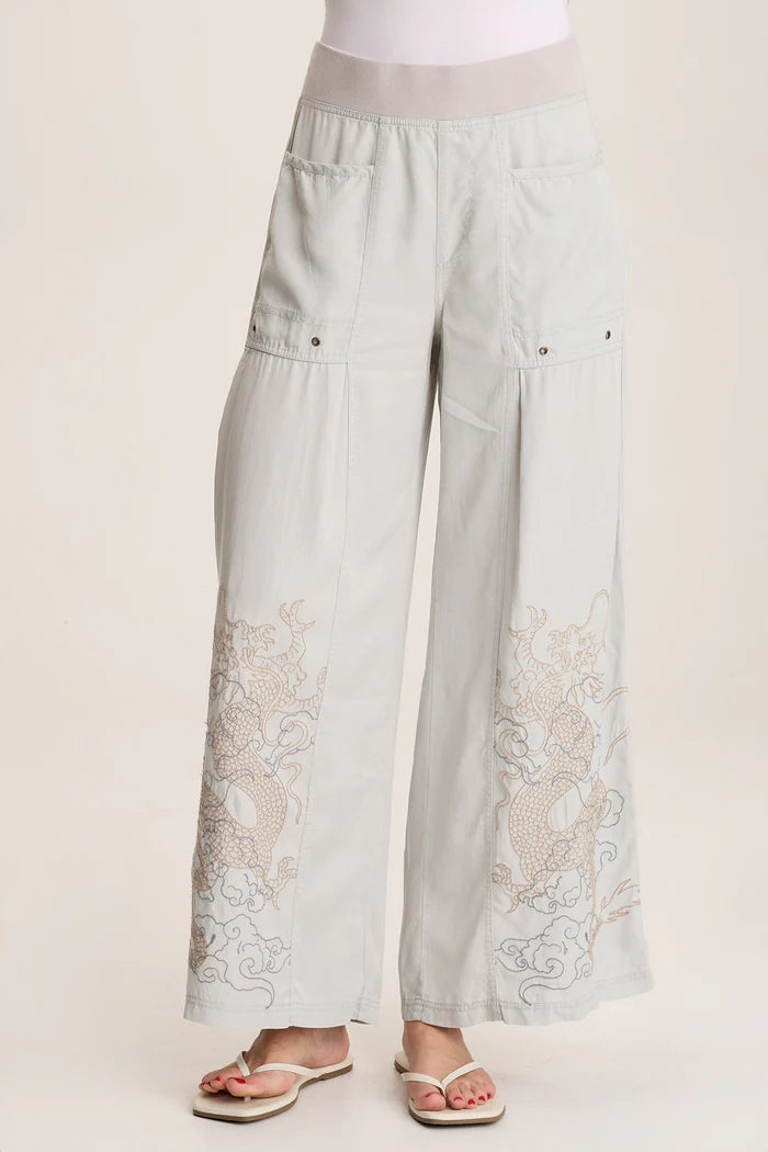 XCVI PHEDORA TWILL EMBROIDERED WIDE LEG PANT - GREY MARBLE