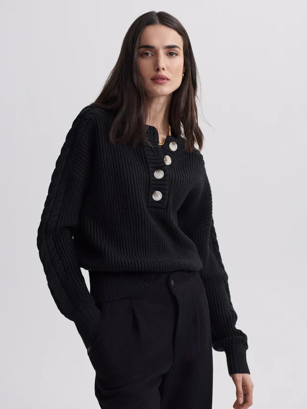 VARLEY VERA BUTTON NECK SWEATER - BLACK