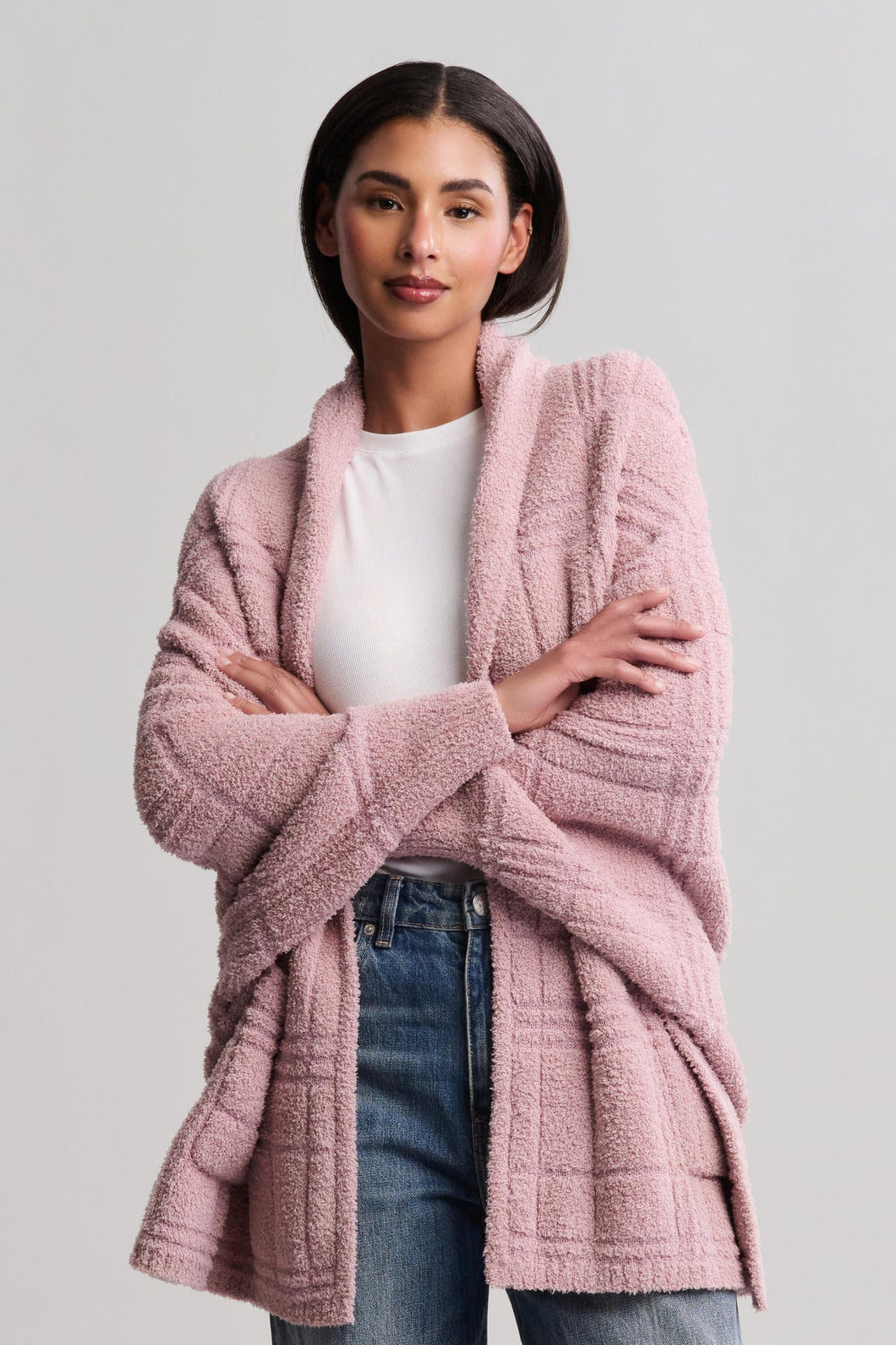 BAREFOOT DREAMS COZYCHIC COTTON TONAL PLAID BLANKET WRAP - TEABERRY