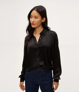 MICHAEL STARS MEREDITH SATIN BUTTON DOWN SHIRT - BLACK