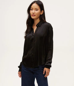 MICHAEL STARS MEREDITH SATIN BUTTON DOWN SHIRT - BLACK