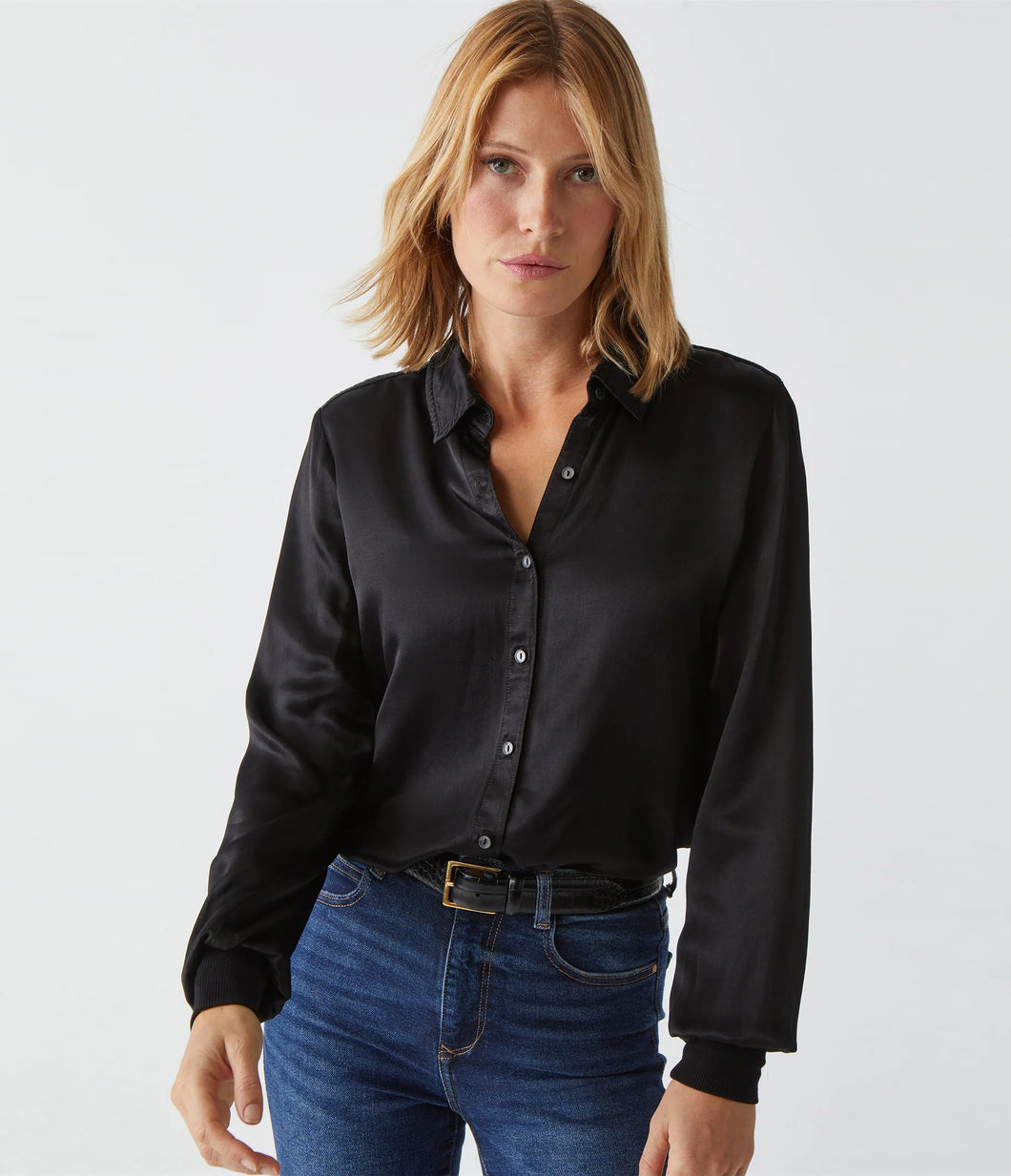 MICHAEL STARS MEREDITH SATIN BUTTON DOWN SHIRT - BLACK