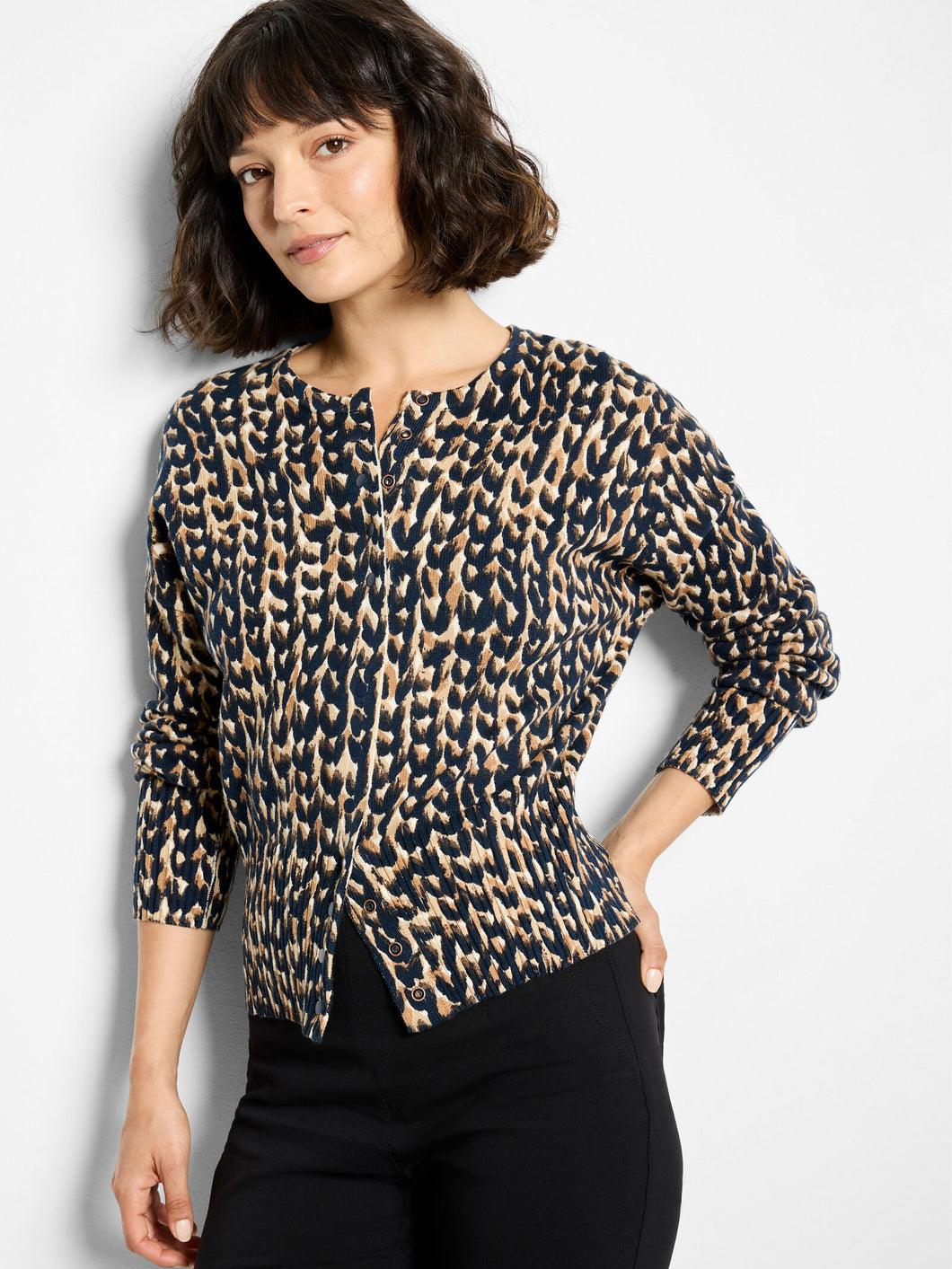 NIC+ZOE STITCH PRINT SNAP IT UP CARDIGAN - NEUTRAL MULTI