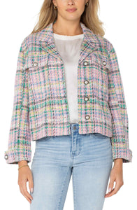 LIVERPOOL BUTTON FRONT BOXY SHACKET - TEA ROSE MULTI PLAID BOUCLE