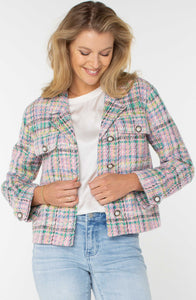 LIVERPOOL BUTTON FRONT BOXY SHACKET - TEA ROSE MULTI PLAID BOUCLE