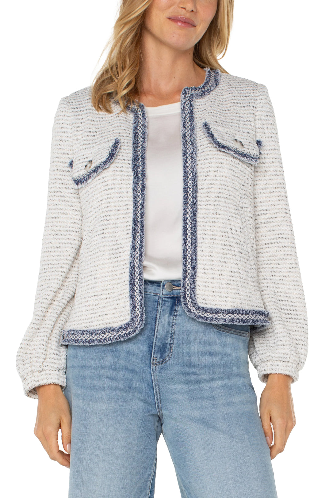 LIVERPOOL COLLARLESS JACKET - CREAM NAVY BOUCLE