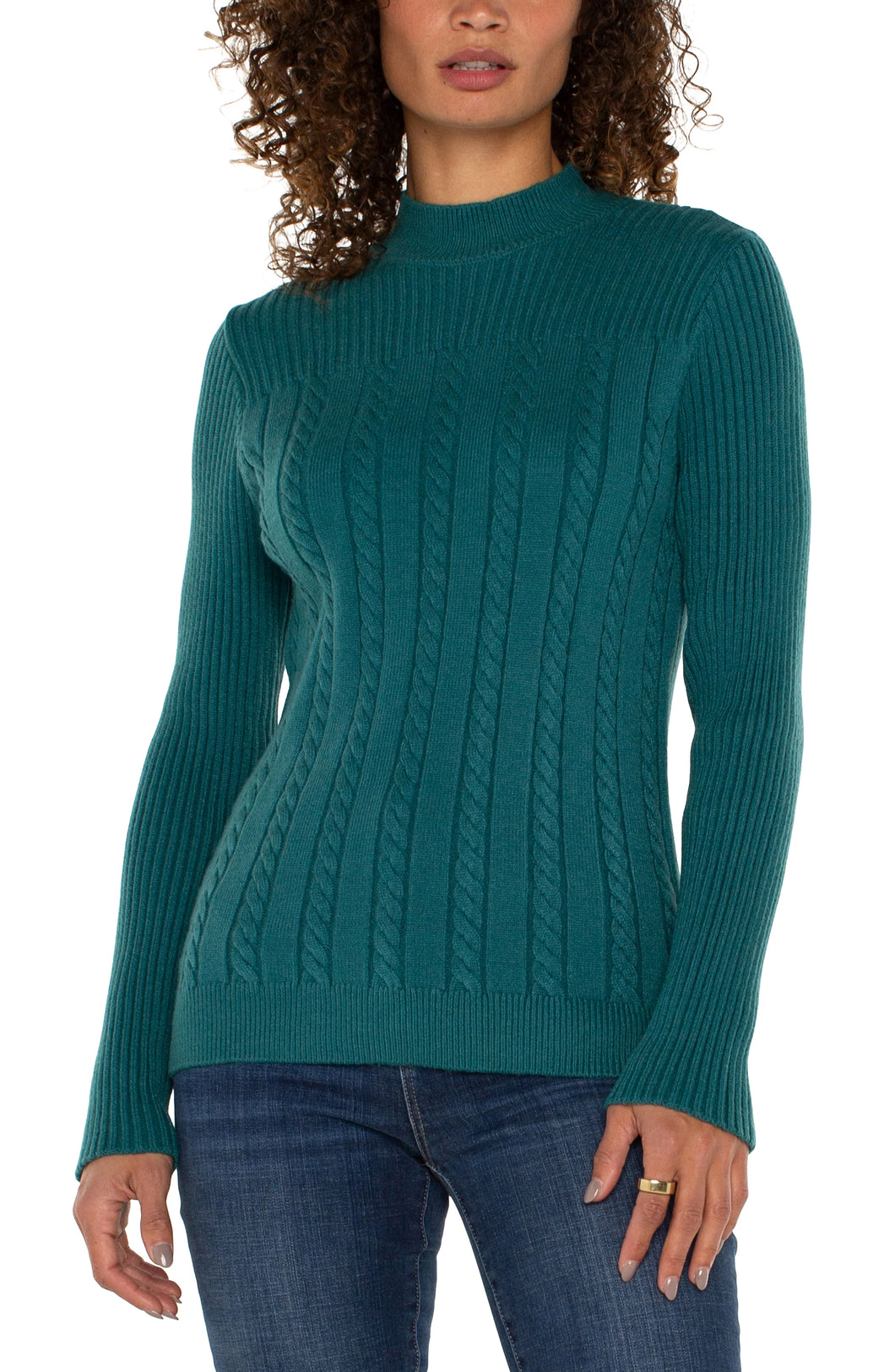 LIVERPOOL MOCK NECK CABLE SWEATER - MALACHITE