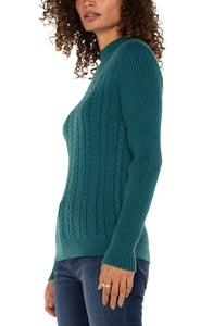 LIVERPOOL MOCK NECK CABLE SWEATER - MALACHITE