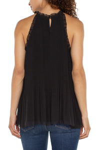 LIVERPOOL PLEATED HALTER TOP WITH RUFFLES - BLACK