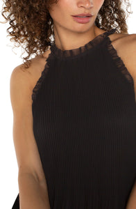 LIVERPOOL PLEATED HALTER TOP WITH RUFFLES - BLACK