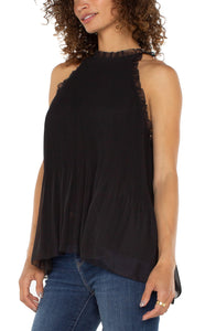 LIVERPOOL PLEATED HALTER TOP WITH RUFFLES - BLACK