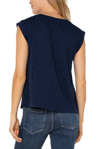 LIVERPOOL SLEEVELESS WOVEN KNIT TOP - DARK NAVY