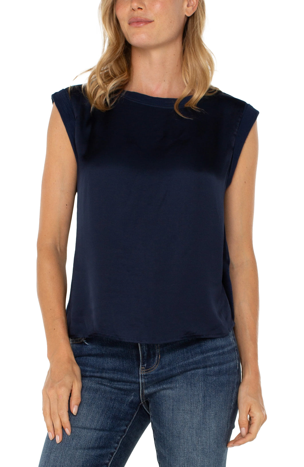 LIVERPOOL SLEEVELESS WOVEN KNIT TOP - DARK NAVY