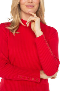 LIVERPOOL LONG SLEEVE MOCK NECK KNIT TOP W/ BUTTON DETAIL - TANGO RED