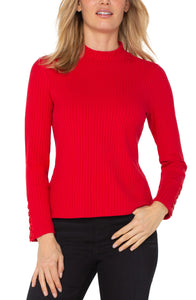 LIVERPOOL LONG SLEEVE MOCK NECK KNIT TOP W/ BUTTON DETAIL - TANGO RED