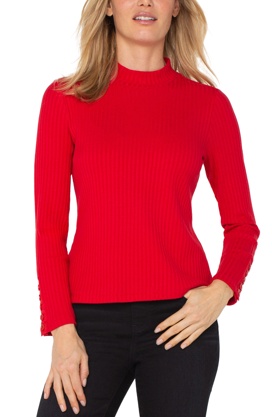 LIVERPOOL LONG SLEEVE MOCK NECK KNIT TOP W/ BUTTON DETAIL - TANGO RED