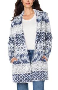 LIVERPOOL OPEN FRONT COATIGAN SWEATER - NAVY SHIBORI MIXED TEXTURE