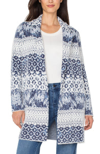LIVERPOOL OPEN FRONT COATIGAN SWEATER - NAVY SHIBORI MIXED TEXTURE
