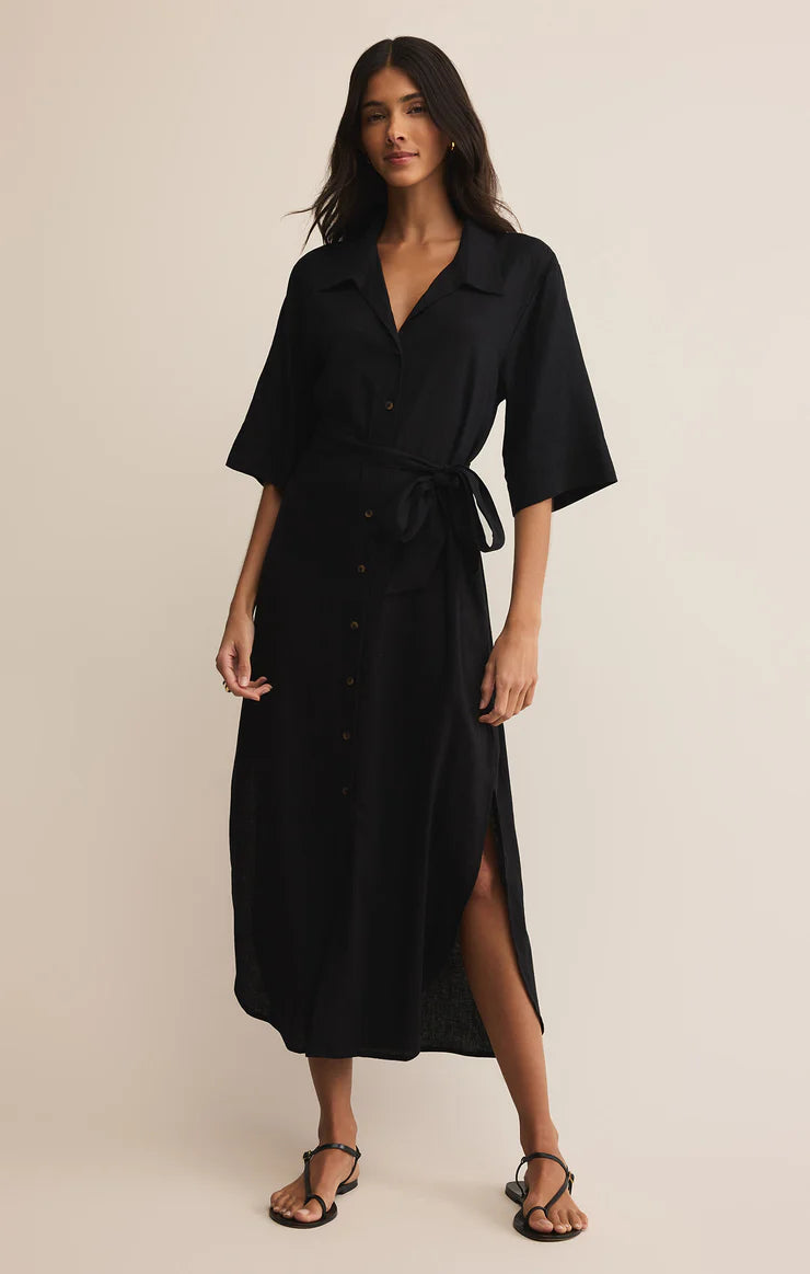 Z SUPPLY BRISE LINEN MIDI SHIRT DRESS - BLACK