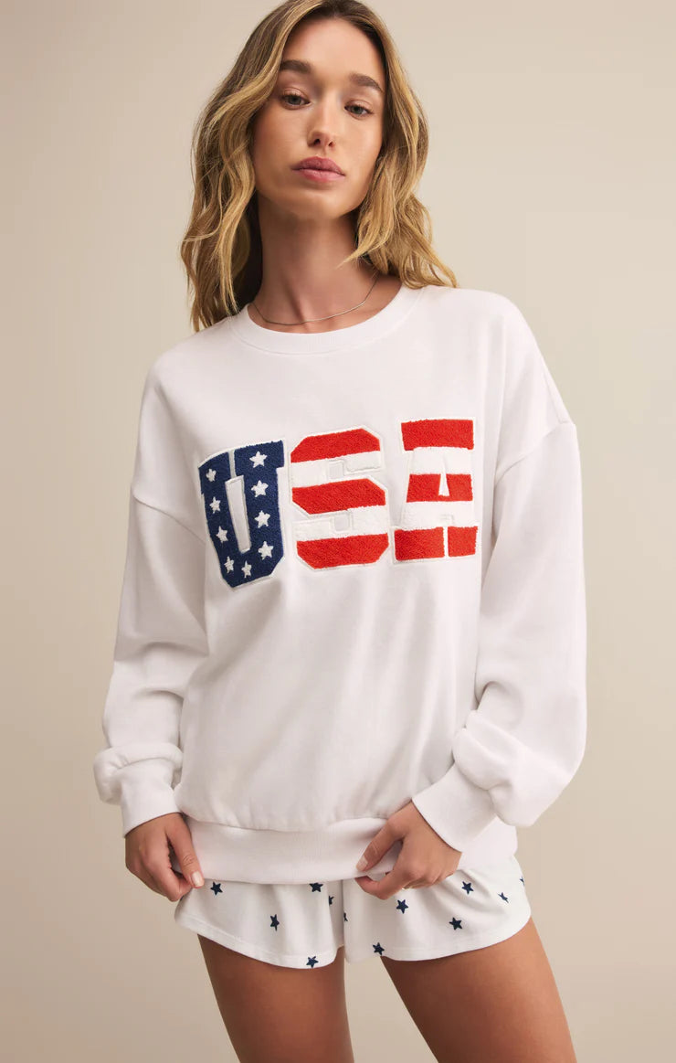 Z SUPPLY OVERSIZED USA SWEATSHIRT - WHITE