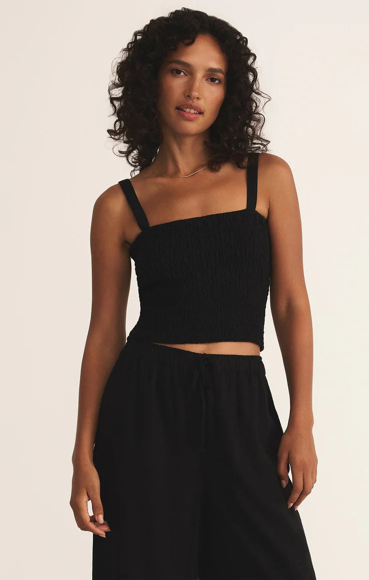 Z SUPPLY AMELIE SMOCKED LINEN CROP TOP - BLACK