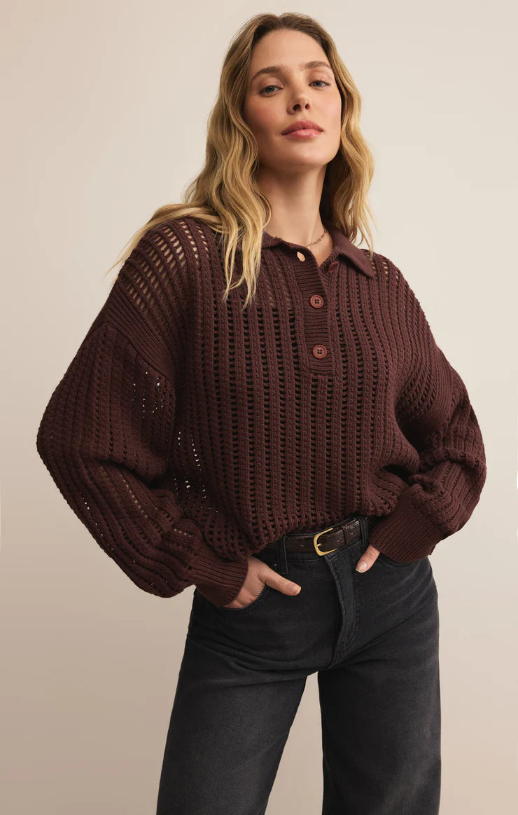 Z SUPPLY LOOKING GLASS CROCHET POLO SWEATER - SANDALWOOD