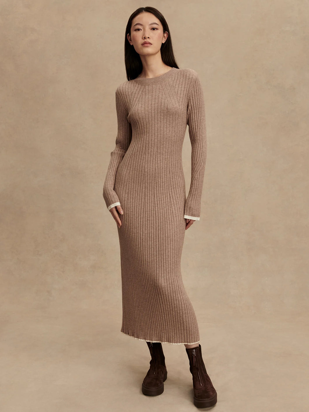 VARLEY AXEL RIB KNIT MIDI DRESS - LIGHT TAUPE MARL