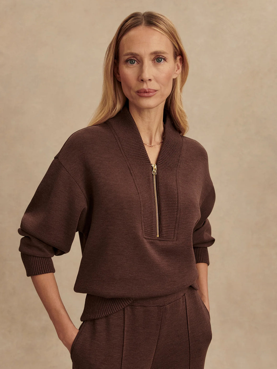 VARLEY SALLY HALF-ZIP SWEAT - COFFEE BEAN MARL