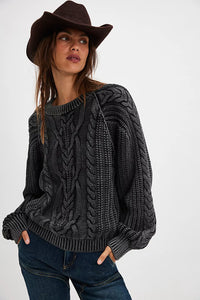 FREE PEOPLE FRANKIE CABLE SWEATER - BLACK