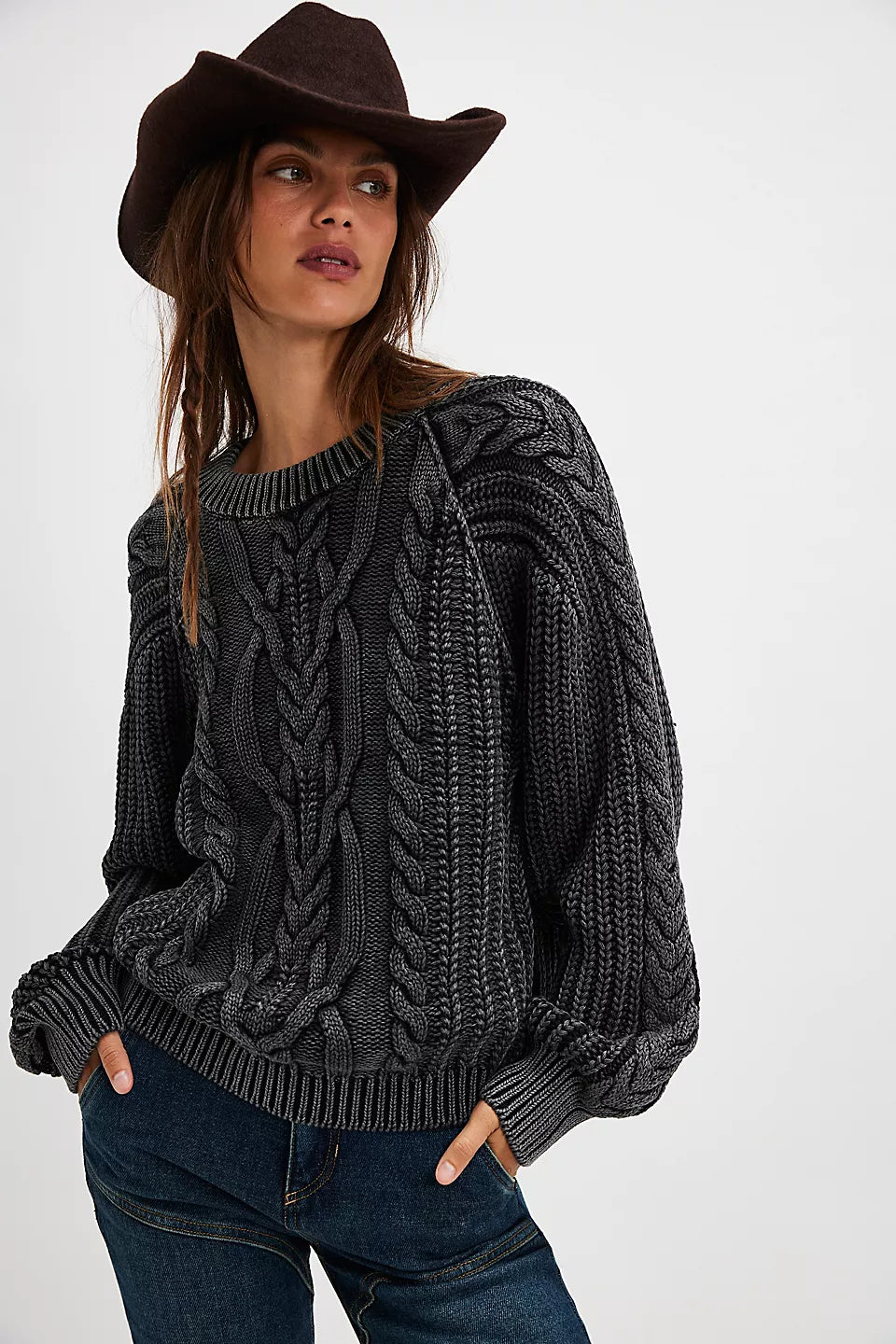 FREE PEOPLE FRANKIE CABLE SWEATER - BLACK