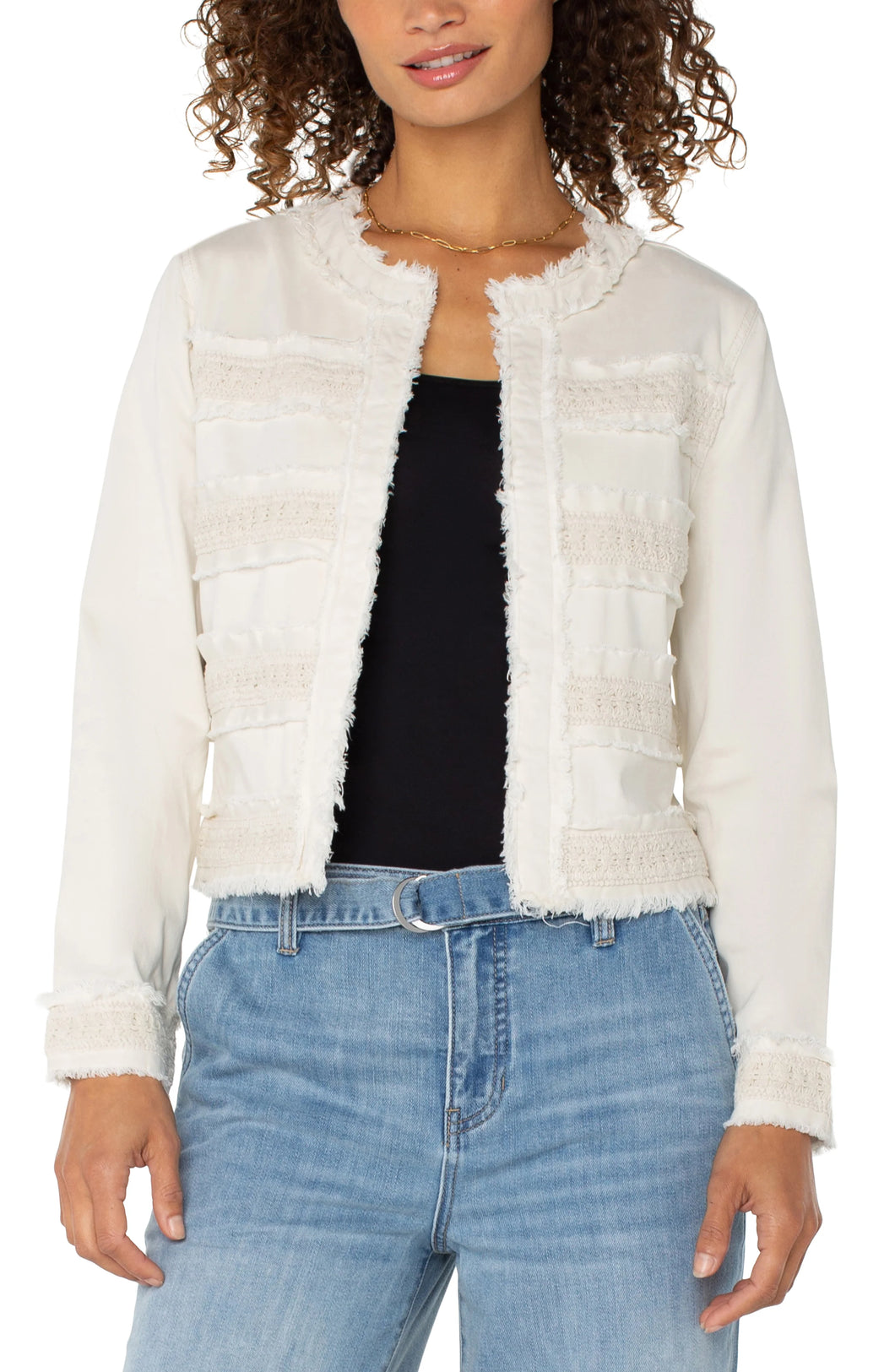 LIVERPOOL COLLARLESS JACKET WITH FRAY & LACE - BONE