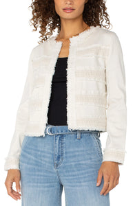 LIVERPOOL COLLARLESS JACKET WITH FRAY & LACE - BONE